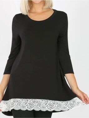 Zenana Outfitters Black Tunic with White Lace Hem